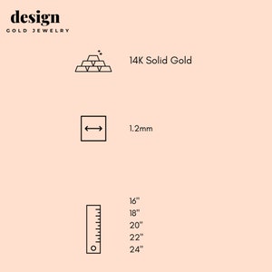 Pu&ograve; includere: Un disegno a linea di una pila di lingotti d'oro con il testo "14K Solid Gold". Un disegno a linea di un quadrato con una freccia che punta a sinistra e a destra, con il testo "1.2mm". Un disegno a linea di un righello con segni da 16 pollici a 24 pollici.