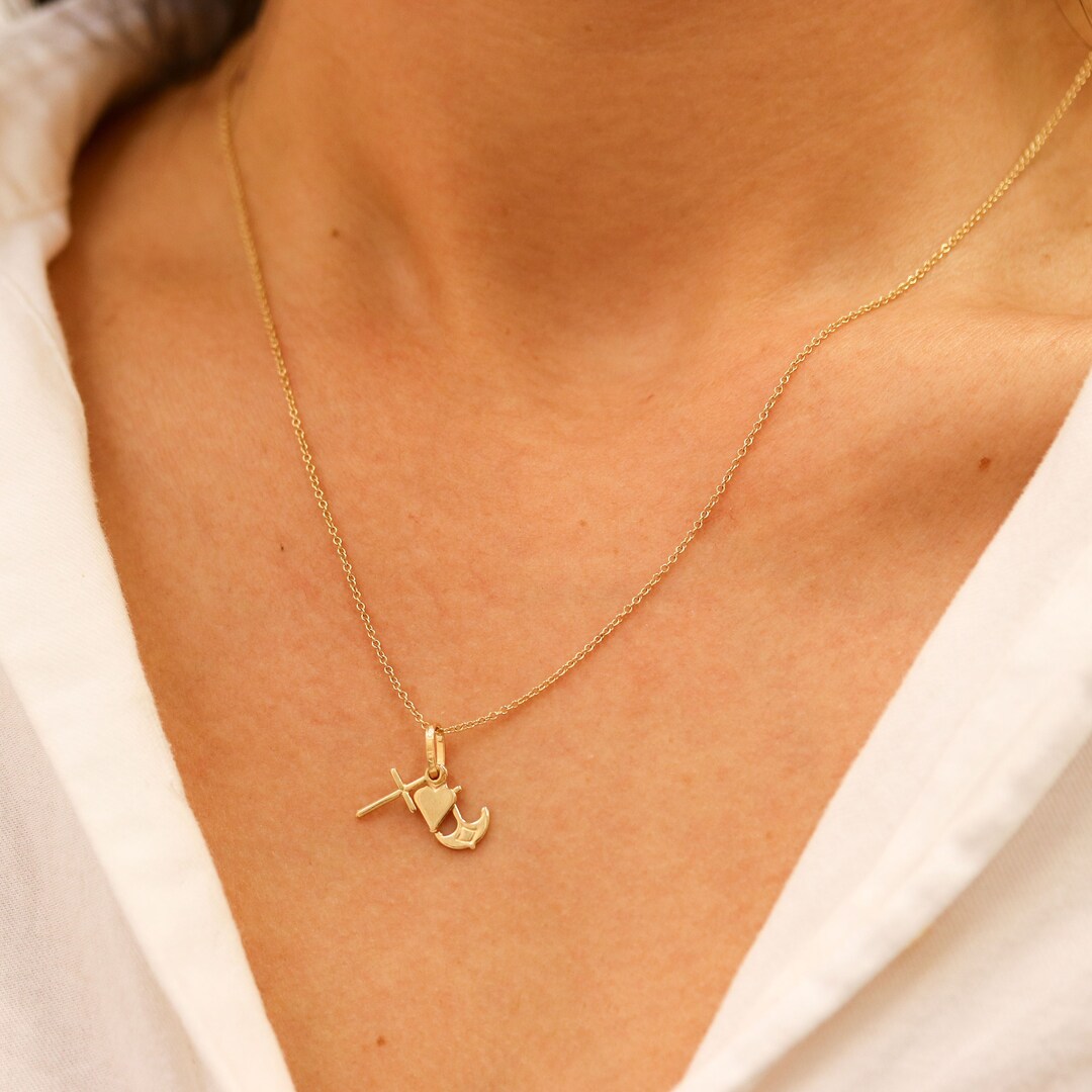 14K Gold Faith Hope Love Necklace, Sympathy Gift, Heart Anchor Cross