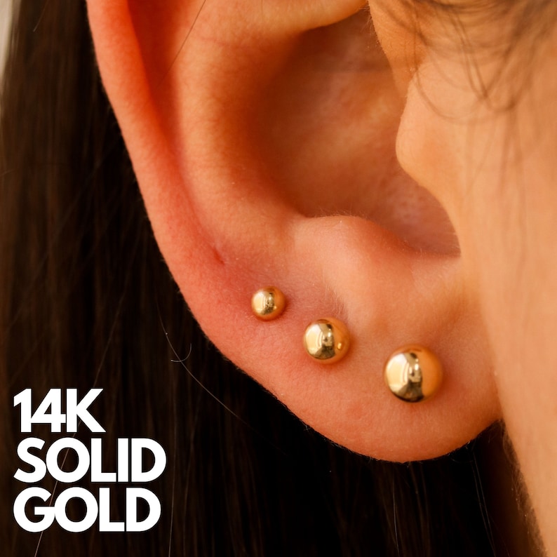 Solid 14K Gold Ball Earrings, 3Mm, 4Mm, 5Mm, 6Mm, Gold Ball Stud Earrings, Ball Earrings, Ball Stud Earrings, Golden Ball Earrings image 2