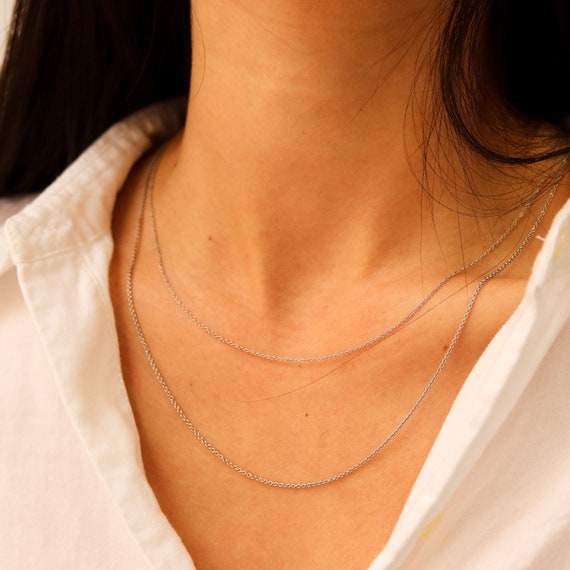 14K Solid White Gold Rolo Chain Necklace, Dainty Silver Necklace