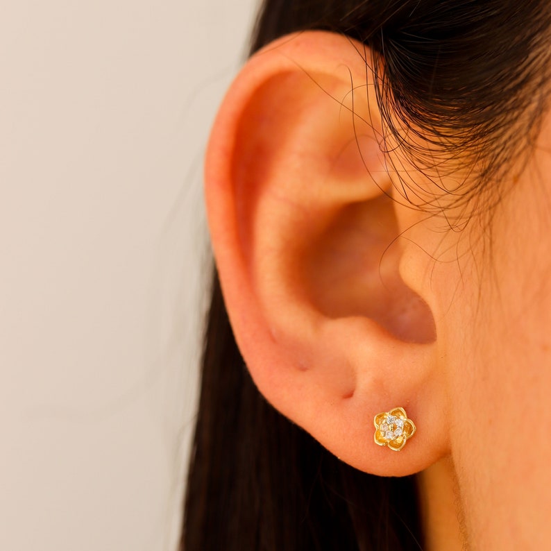 Gold Earrings Stud, Stud Earrings Gold, 14K Gold Earrings Studs, Solid Gold Earrings Stud, Gold Dainty Studs, Flower Earrings Gold image 4