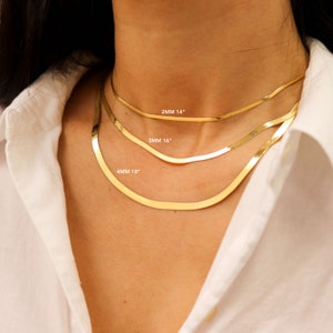 14K Gold Herringbone Chain Necklace, Gold Snake Chain Necklace, Layering Necklace image 2