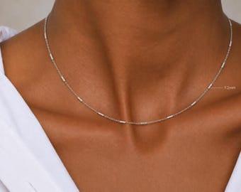 White Gold Necklace, 14k Solid 1.2mm Rolo Bar Chain