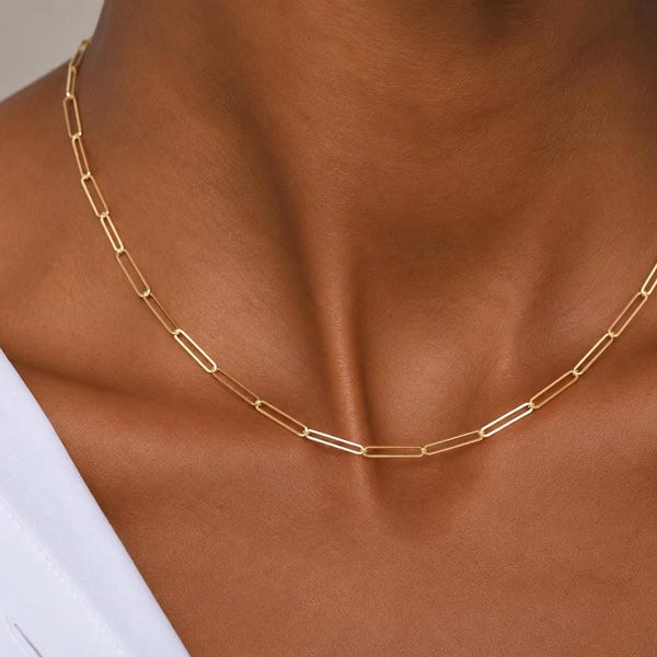 Gold Paperclip Chain, 14k Solid Yellow Necklace, 4mm Links, 14–20 Inch Lengths