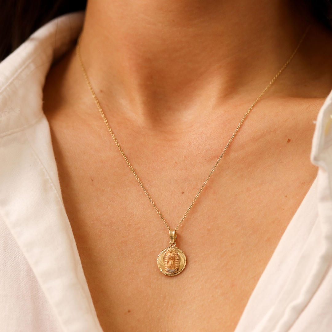 14K Gold Miraculous Medal Necklace, Tricolor Virgin Mary Pendant - Etsy
