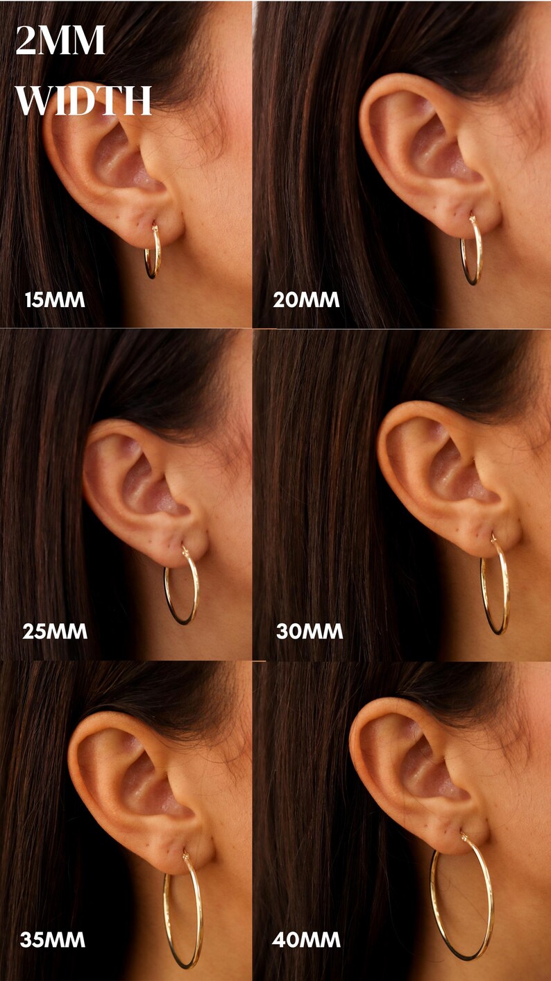 May include: Four pairs of gold hoop earrings in different sizes, 15mm, 20mm, 25mm, 30mm, 35mm, and 40mm, shown on a model's ear. The earrings are 2mm wide.