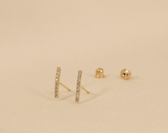 Bar Stud Earrings, Bar Earrings, Gold Bar Earring, Cz Stud Earrings, Pave Stud Earring, 14K Gold Studs, Gold Bar Earrings, Pave Bar Earrings