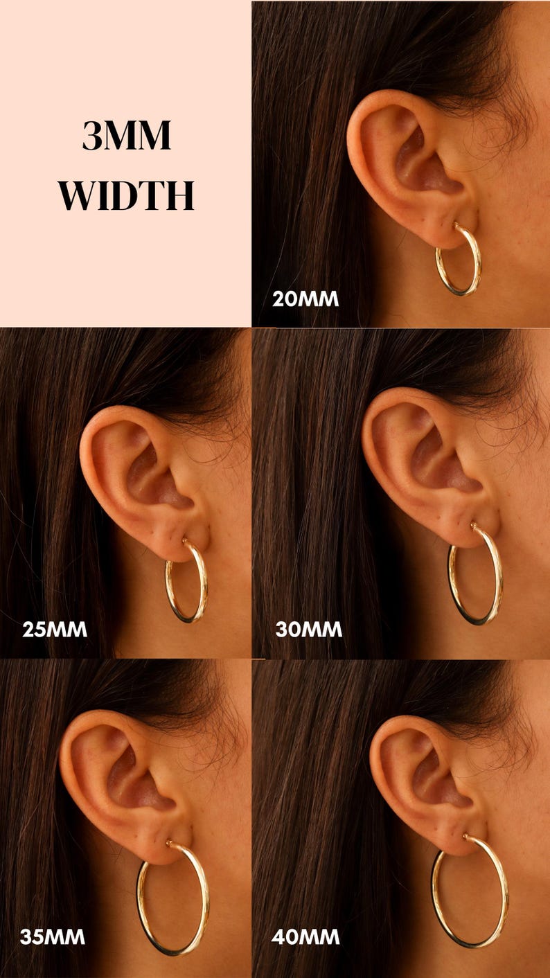May include: A comparison of different sizes of gold hoop earrings, ranging from 20mm to 40mm in diameter. The earrings are 3mm wide. The image shows the earrings worn on a person's ear.