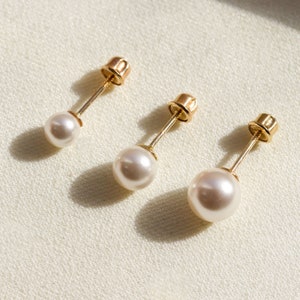 Solid Gold Pearl Earrings, Pearl With Gold Earrings, Dainty Pearl Stud Earring, Small Pearl Earrings Wedding, Pearl Dainty Earrings image 1