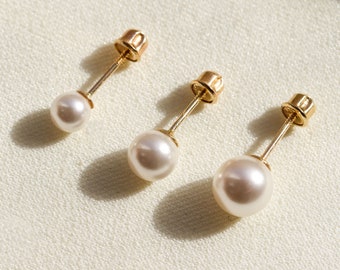 Solid Gold Pearl Earrings, Pearl With Gold Earrings, Dainty Pearl Stud Earring, Small Pearl Earrings Wedding, Pearl Dainty Earrings