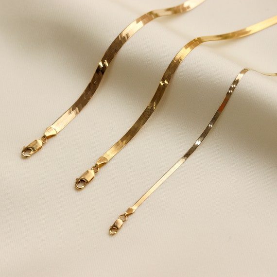 14K Gold Herringbone Chain Necklace, Gold Snake Chain Necklace, Layering Necklace