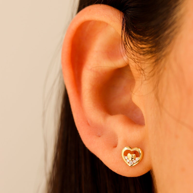 Heart Earrings, Heart Shaped Earrings, Heart Earring, 14K Gold Heart Earrings, Heart Stud Earrings, Double Heart Earring, Heart Studs zdjęcie 4