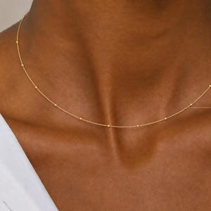 14K Gold Ball Chain Necklace, 1.2mm Station Bead Design