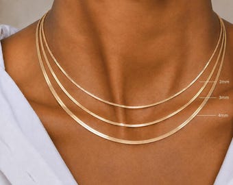 Herringbone Chain, 14K Solid Gold 2mm–4mm Widths, Lobster Closure