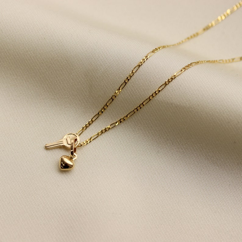 14K Gold Key Necklace, Dainty Heart Necklace, Key To My Heart, Anniversary Gift image 1
