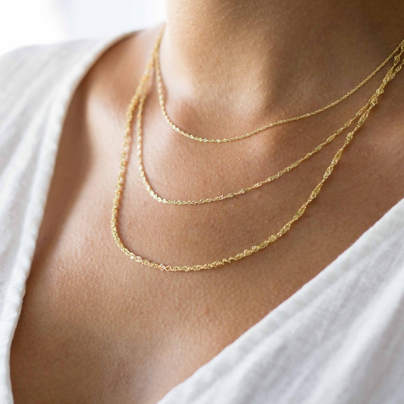 Solid 14K Gold Singapore Chain Necklace, Delicate Dainty Layered Necklace image 1