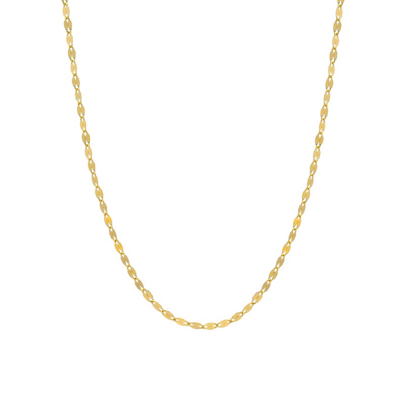 May include: A gold chain necklace with a delicate, oval-shaped link design.