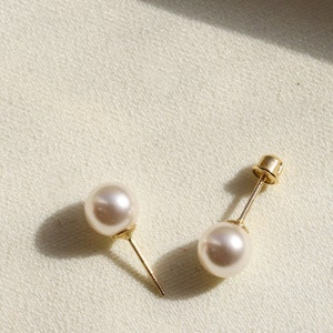 Solid Gold Pearl Earrings, Pearl With Gold Earrings, Dainty Pearl Stud Earring, Small Pearl Earrings Wedding, Pearl Dainty Earrings image 3