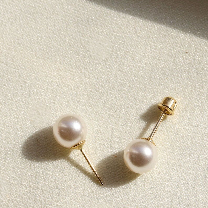 Solid Gold Pearl Earrings, Pearl With Gold Earrings, Dainty Pearl Stud Earring, Small Pearl Earrings Wedding, Pearl Dainty Earrings image 3