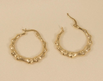 Gold Bamboo Earrings, Bamboo Hoops, Bamboo Hoop Earrings, Bamboo Earrings, Lightweight Hoops, Textured Gold, Gold Womens Hoops, Hoops