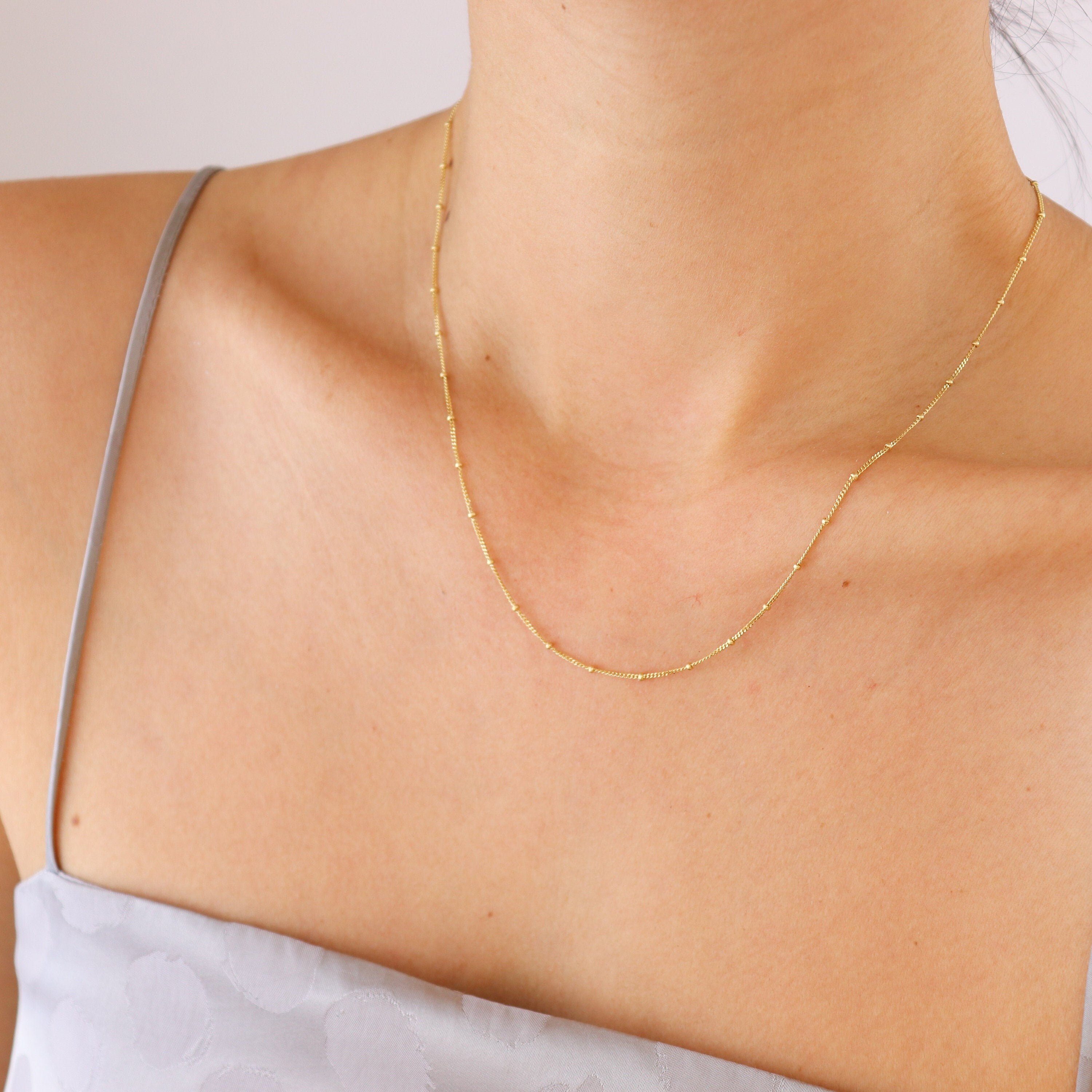 14K Solid Gold Satellite Chain Necklace 