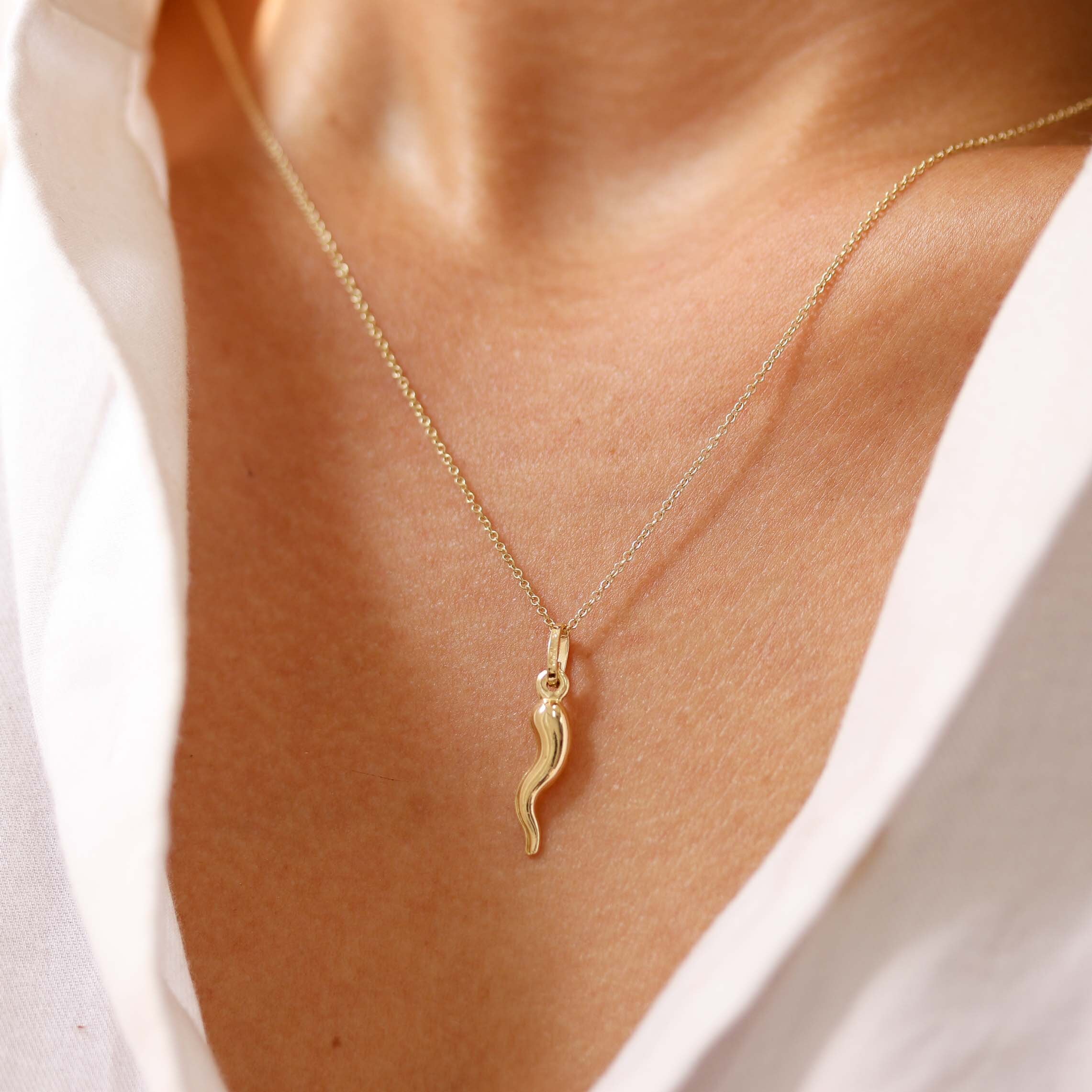 14K Gold Cornicello Necklace, Italian Horn Necklace