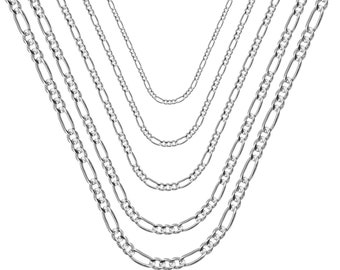 14K Solid White Gold Necklace, Silver Chain Necklace, Figaro Chain