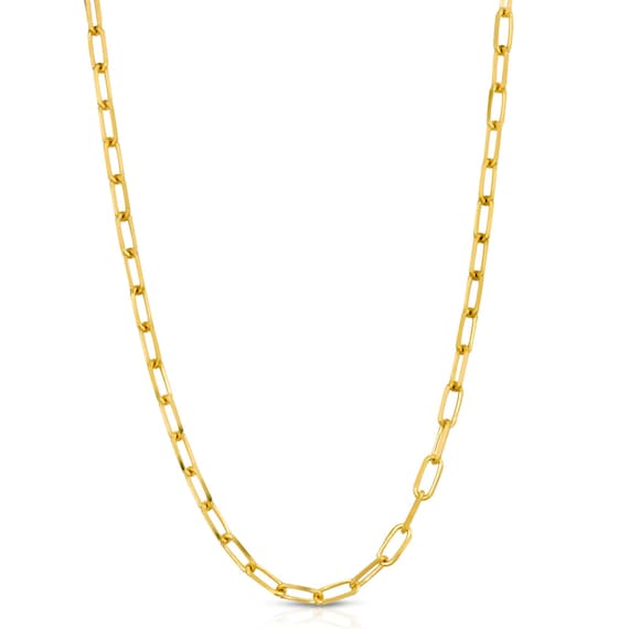 Paperclip Chain 14k Solid Gold Necklace, Rectangle Long Link Necklace, 4 Mm  Width, Oval Link Chain Necklace 