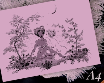 Garden of Aphrodite, sapphic love illustration A4 print. LGBT
