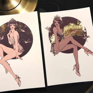 Vintage showgirl gold foil A5 illustrated prints