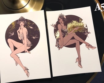 PIN-UP vintage showgirl gold foil A5 illustrated prints