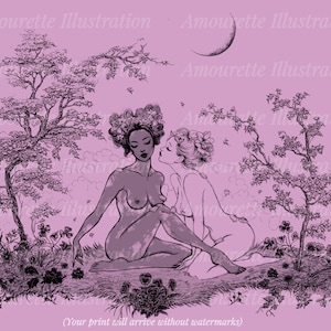 May include: A black and white line drawing of two women embracing in a woodland setting. The women are nude and have flowers in their hair. The background is a light purple colour with trees and flowers.