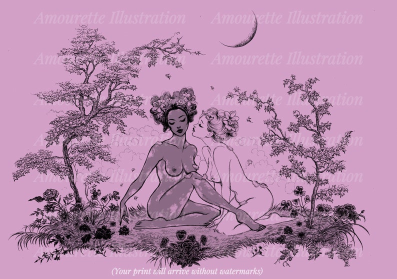 May include: A black and white line drawing of two women embracing in a woodland setting. The women are nude and have flowers in their hair. The background is a light purple colour with trees and flowers.