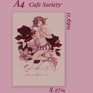 Pu&ograve; includere: Un'illustrazione digitale di una donna con una gonna a righe e un cappello blu, che tiene un bicchiere di vino. &Egrave; circondata da rose rosa e rosse e dal testo "Cafe Society" e "Avenue Kleber no 14".