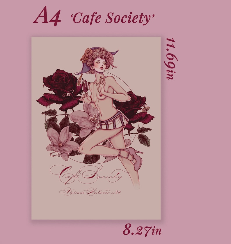 Pu&ograve; includere: Un'illustrazione digitale di una donna con una gonna a righe e un cappello blu, che tiene un bicchiere di vino. &Egrave; circondata da rose rosa e rosse e dal testo "Cafe Society" e "Avenue Kleber no 14".