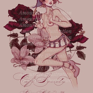 Pu&ograve; includere: Un'illustrazione rosa e bianca di una donna che indossa una gonna a righe e un cappello con fiori. Tiene un bicchiere in mano e si trova davanti a uno sfondo di fiori rosa e bianchi. Il testo "Cafe Society" &egrave; scritto in corsivo nella parte inferiore dell'immagine.