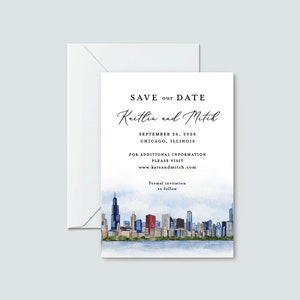 Horizonte de Chicago para salvar a data, salvar a data personalizado, convite à beira-mar de Chicago, convite de Chicago, aquarela Chicago