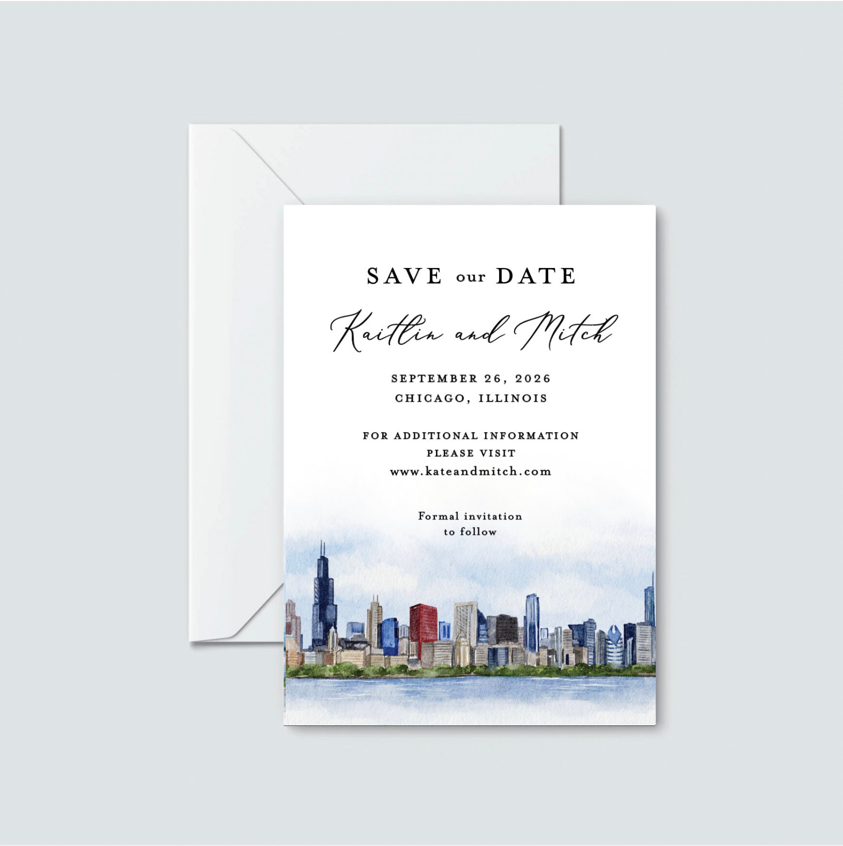 Chicago skyline save the date, custom save the date, Chicago waterfront invitation, Chicago invite, watercolor Chicago