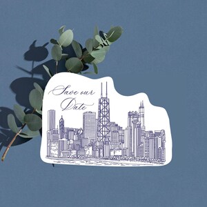 Gestanst Chicago Save the Date, gestanst Chicago Skyline uitnodiging, gestanst Chicago uitnodigen, Chicago Skyline schets