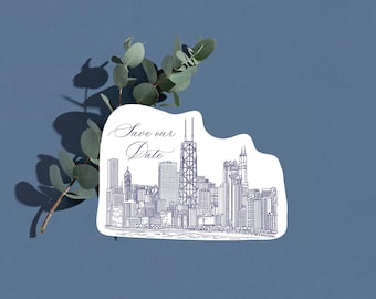 Die cut Chicago Save the Date, Die cut Chicago Skyline Invitation, Die cut Chicago Invite,  Chicago Skyline Sketch