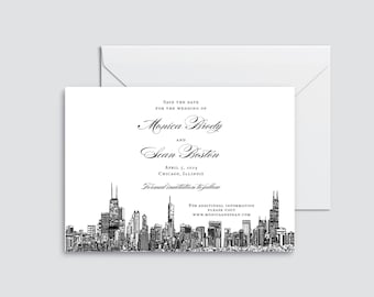 Chicago skyline save the date, custom save the date, Chicago waterfront invitation, Chicago invite,  Chicago Sketch
