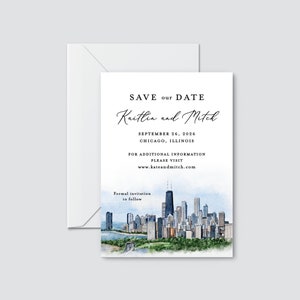 Horizonte de Chicago para salvar a data, salvar a data personalizado, convite à beira-mar de Chicago, convite de Chicago, aquarela Chicago