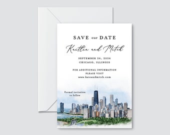 Chicago skyline save the date, custom save the date, Chicago waterfront invitation, Chicago invite, watercolor Chicago