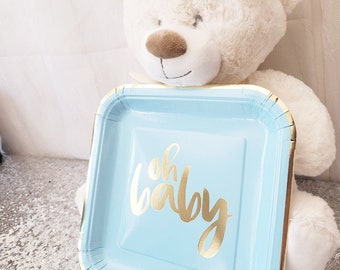 Sale 10 OH BABY 9" Paper Plates / Baby Shower Golden Gold Baby Blue Whimsical Its a Girl Its a Boy Twins Theme Shower Gold Lettering Oh Boy