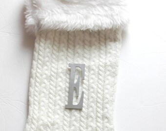 Sale Personalized Cream White Fur Stocking w/ Stocking Pin Cable Knit Christmas Holiday Vintage Shabby Chic Classy Sophisticated Simple