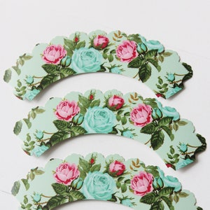 12ct MINT ROSES CUPCAKE Wraps Wrappers Liners Tea Party Floral Flower Cupcakes Liner Parisian Tea Party Decorations Baking Mint Green Pink