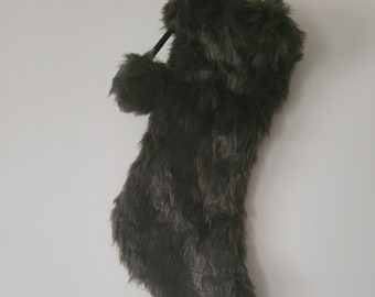 Sale BLACK FUR Stocking Christmas Holiday Vintage Shabby Chic Classy Black Gray Simple Rustic Woodland Farmhouse Pet Furry Plush Shaggy