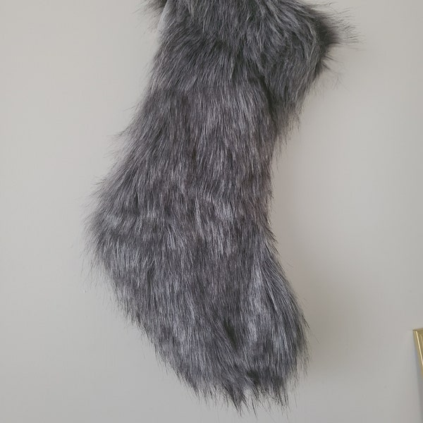 Sale DARK GREY FUR Stocking Christmas Holiday Vintage Shabby Chic Classy Black Gray Simple Rustic Woodland Farmhouse Furry Plush Shaggy