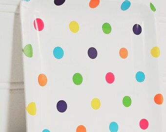 Sale 10 RAINBOW POLKA DOT Paper Plates Confetti Dots 9" Birthday Party Unicorn Tableware Party 70s 80s Retro Birthday Square Dotted Plates