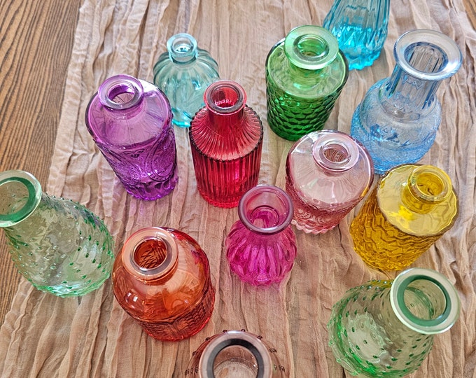 COLORED GLASS BUD Vase Bottle Red Orange Hot Pink Blush Pink Aqua Blue Cobalt Blue Olive Green Light Green Turquoise Yellow Purple Boho